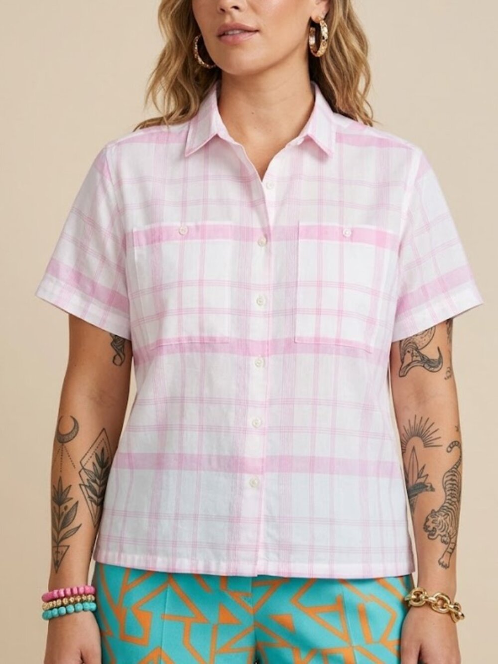 Hunter's Glen Vintage Pink Plaid Camp Collar Shirt Sz 14 Coastal Grandmother